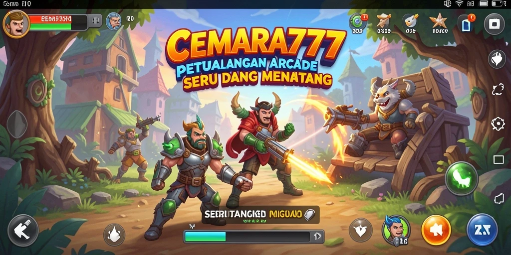 Tampilan gameplay CEMARA777 dengan grafis yang cerah dan karakter menarik.