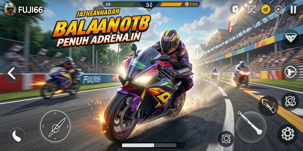 Screenshot gameplay FUJI66 yang menunjukkan aksi balapan motor yang mendebarkan.