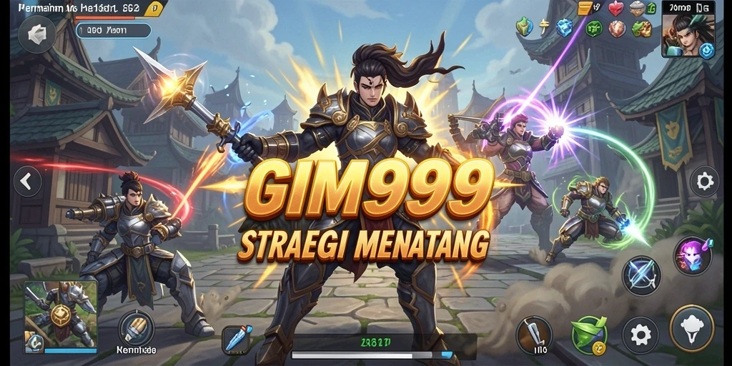 Screenshot utama GIM999 menunjukkan pertempuran intens dalam permainan strategi.