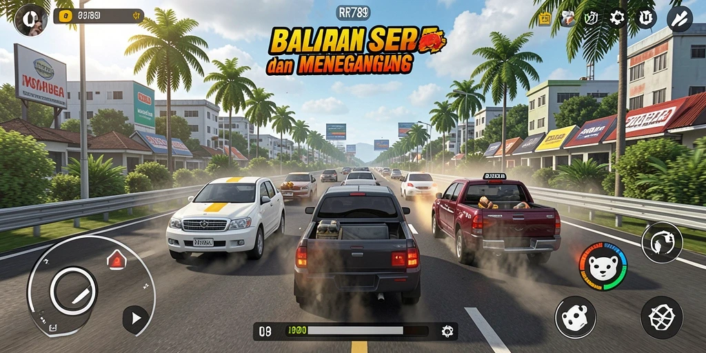 Screenshot menampilkan aksi balapan mendebarkan dan kendaraan yang keren.