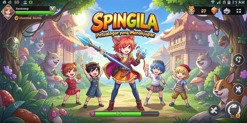 Tampilan gameplay SPINGILA yang penuh warna dan aksi.