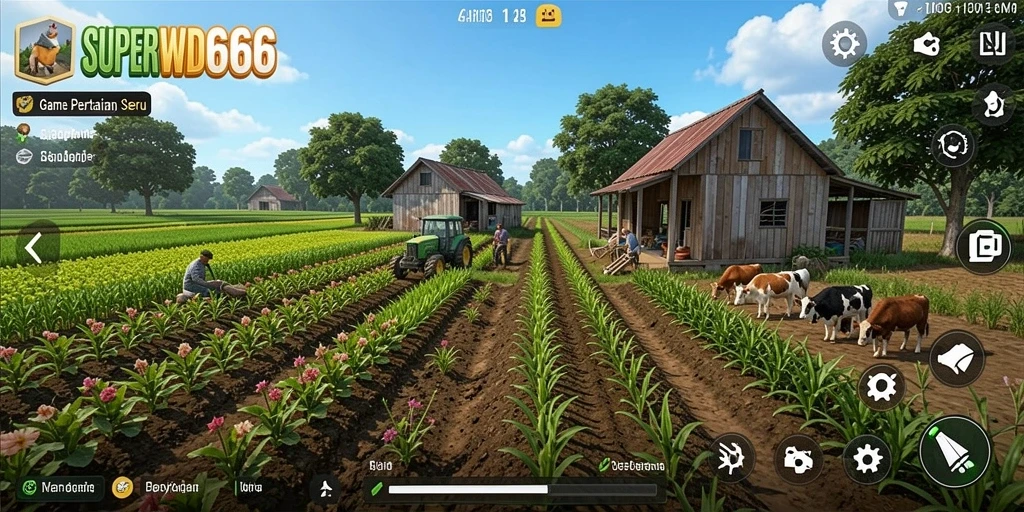 Tangkapan layar dari gameplay SUPERWD666 yang menunjukkan kebun yang subur dan produktif.